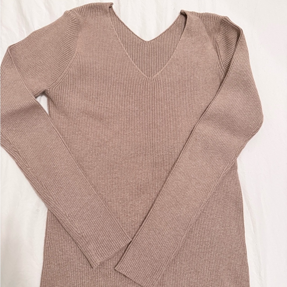 V-Neck Ribbed Long Sleeve Sweater Dress - Blush